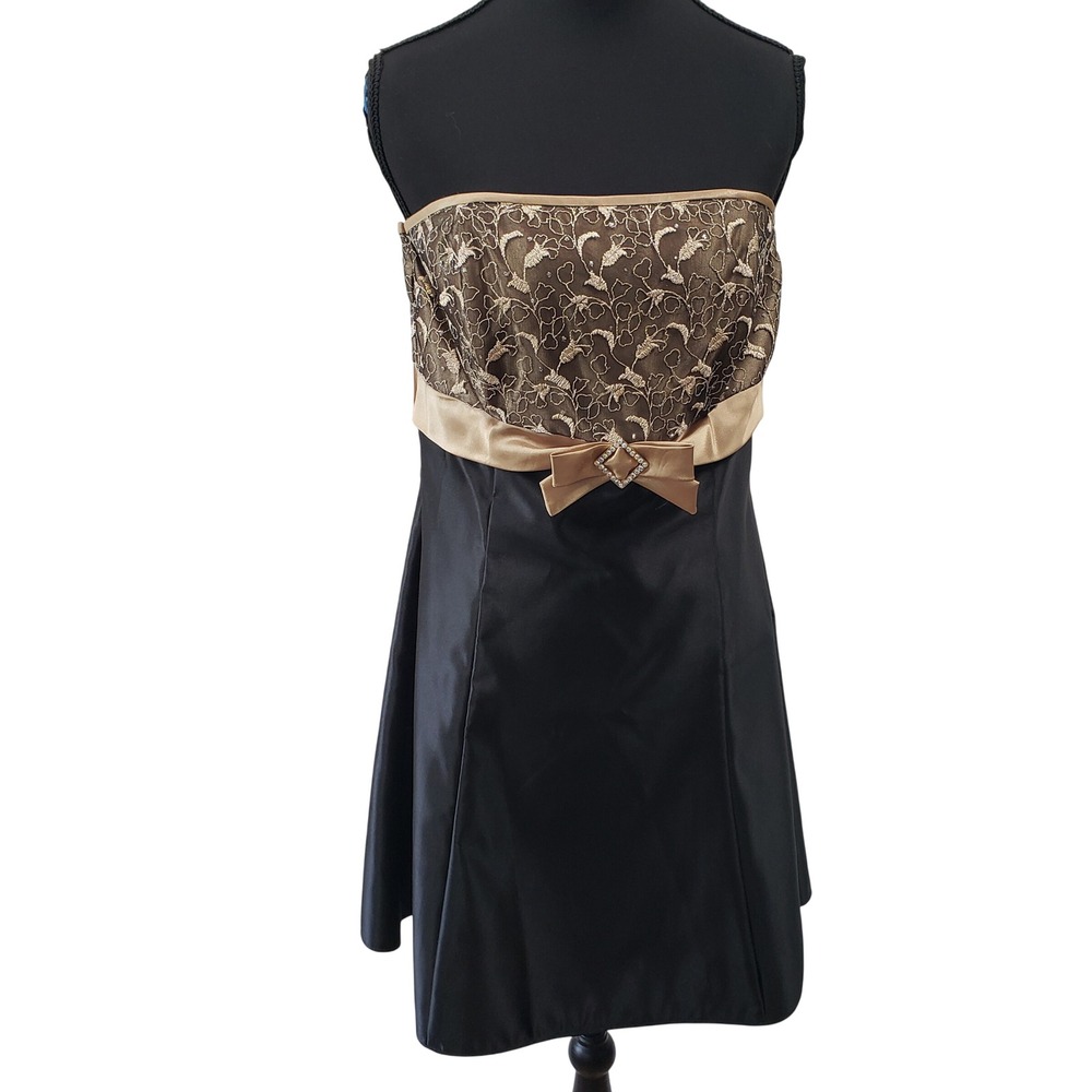 Vintage Jessica McClintock Gunne Sax Dress Black Gold Satin Lace Strapless Bow‎